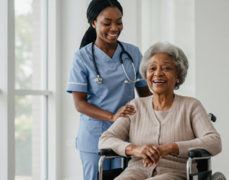 aide smiling and elderly man lying on the bed